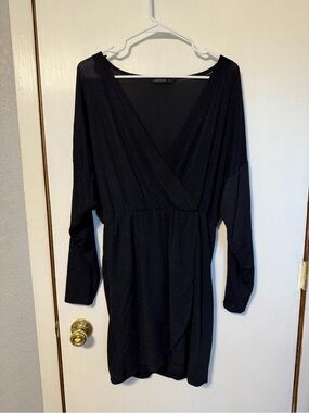 Long-Sleeve Black Sparkle Wrap Dress by